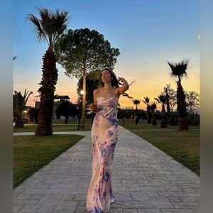 Zara maxi dress satin bodycon open back cowl neck tie dye summer evening